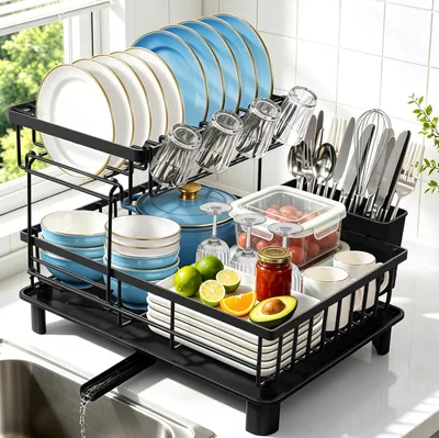 Drenador de dos niveles KitchenBoss 17" x 13" x 13", Negro | Portacubos para encimera de cocina con drenaje giratorio
