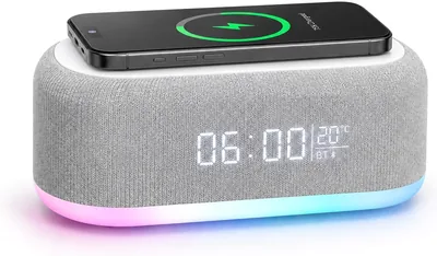 Digital Radioweckator med kabellös laddstation, 6-i 1 Kabellöst Laddstation med Bluetooth-ljud, 9-stegs ATM