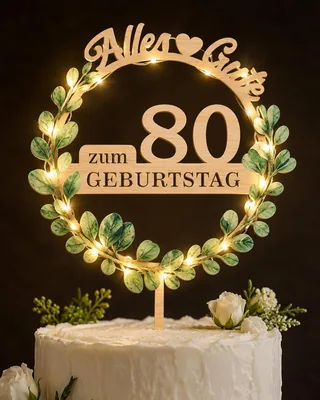Giftota 80. Geburtstagsdekoration: Eleganter Kuchenaufsetzer mit Eukalyptus, Holz, für Frauen und Männer
