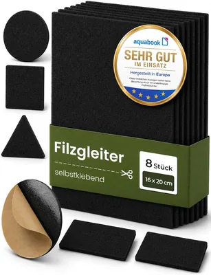 Selbstklebende Filzrollen zum Zuschneiden, Schwarz, Packung mit 8 Rollen, 16 x 20 cm, Filzrollen für Stühle, Selbstklebend