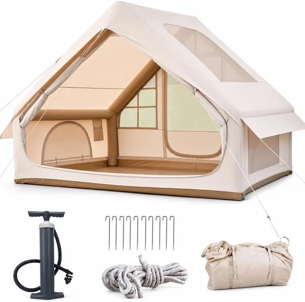 Inflatable Tent med Dachfénstring, Campingtent för 2-4 Personer med Luftpumpa, Vätvärden Oxford-material Lufttenter