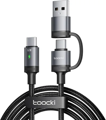 Toocki Kabel USB C do USB C 2 w 1 z adapterem USB A, 60W szybkie ładowanie PD, przewód pleciony nylonowy 1.8m