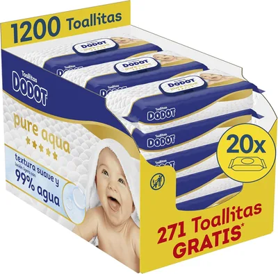 Dodot Pure Aqua Toallitas húmedas de textura nueva, 20 paquetes de 60 unidades = 1200 toallitas, textura suave y con loción con un 99% de agua - 35% de descuento