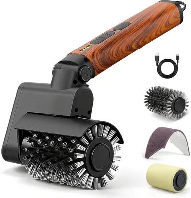 Elektro Grillbürste 3-in-1 Set (Rot mit Holzbeschichtung) | Drahtlos, wiederaufladbar, wasserdicht, BBQ-Grillreiniger, Profi-Barbecue
