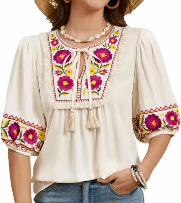 Women's Mexican Boho Floral Blouse 2026 Puff Sleeve Top V Neck Tassel Casual Loose Shirt