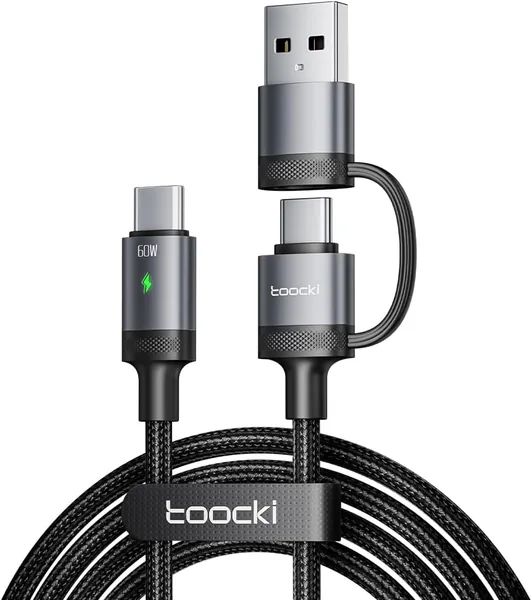 Toocki USB C till USB C-kabel 2 i 1 med snabbladdning och adapter, 60W PD, nylon datakabel kompatibel med iPhone 1
