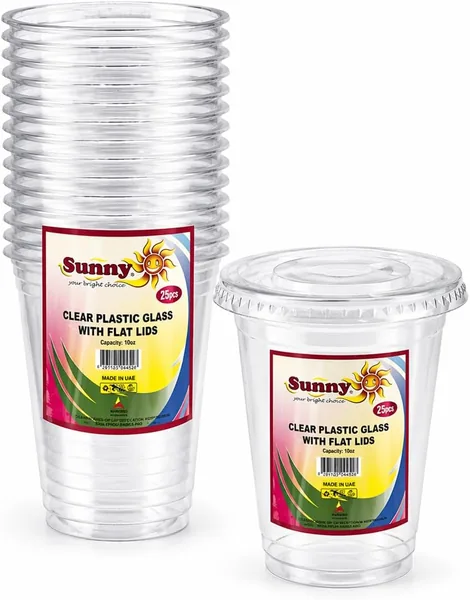 Sunny Transparent Drink Cups with Straw-Slot Flat Lids, 10oz (300ml), Pack of 25
