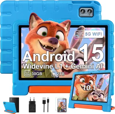 Tablette ZIOVO Kids 10 Pouces Android 15, 30 Go de RAM + 64 Go ROM (TF 2 To), WiFi 5G Tablettes, AI Gemini, Octa-Core/Widevine L1/Face ID/P - Meilleure Offre