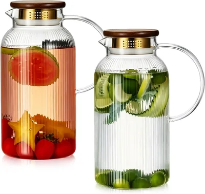 Buaic 2 PACK Glass Pitcher with Lid & Handle, 68oz/ 2L Classic Stripes Water Pitcher