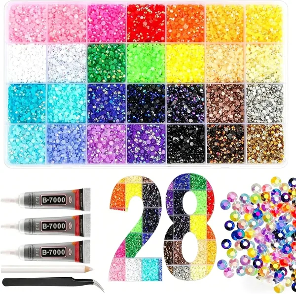 28 Colors Resin Jelly Rhinestones for Bedazzling, 3mm 19600Pcs Flatback Gems for Crafting, Bedazzling Kit with B7000 Glue for Clothing Shoes Nail Book Diamond Art