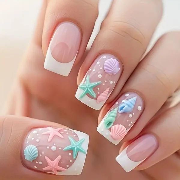 Weiße quadratische französische Muschel Sternfisch Sommer Polka Dots falsche Nägel für Frauen Mädchen DIY Maniküre - 24% Rabatt
