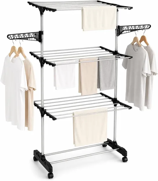 Varal de Chão 3 Andares Reforçado com Regulagens Retrátil Dobrável com Rodinhas - Suportes para Cabides, Capacidade 25 Kg Camisetas, Toalhas, Calças - Qualidade Premium Não Enverga