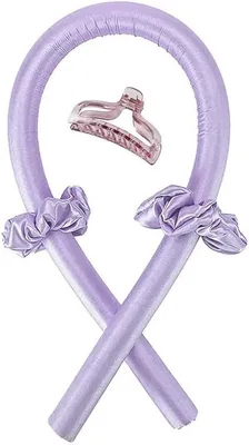 Heatless Hair Curler Headband, Purple Satin No Heat Overnight Curling Rod with Scrunchie & Clip