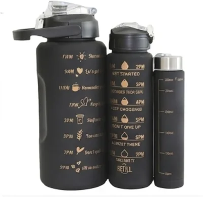 Motivational Water Bottle Set, Matte Frosted, BPA-Free, 2L & 2x Small, Gym & Fitness