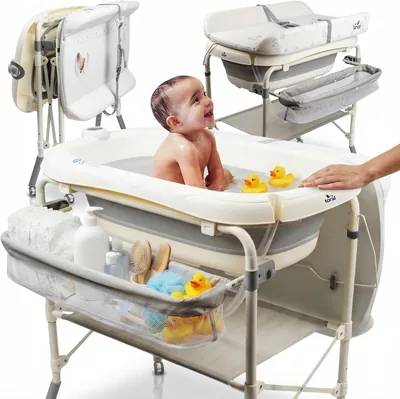 Totalmente plegable Bañera para Bebés con Cambiador y Patas Ajustables - Tubería para Cambiar Bebés con Termómetro, Ruedas con Brazo