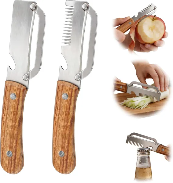 Multifunctional Vegetable Peeler, 3 in 1 Julienne Peeler with Wooden Handle