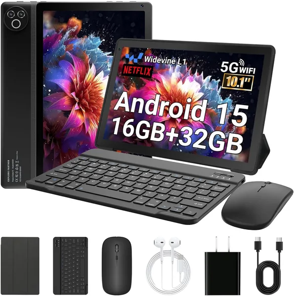 Laptok 10 Pouces Android 15 Tablet avec 32GB +1TB TF, 5000mAh, WiFi 6, Bluetooth 5.4, Widevine L1, Tablet tactile avec clavier et souris, Noir