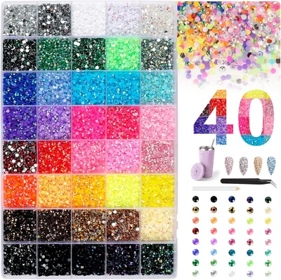 AOOWU Rhinestone Nail Kristaller, 32000 stk. Nagelkunst-Kristallar, 40 Färger 3mm Planbäcka Kit med Pinzette och Pen, Rhinstone