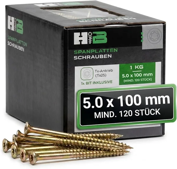 TX25 Chipboard Screws 5.0 x 100 mm 1 kg Approx. 120 Pieces Countersunk Head Milling Ribs Partial Thread Yellow Galvanised Includes 1x Bit Wood Screws