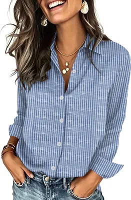Zeagoo Button Down Shirts Women Long Sleeve Striped Blouses V Neck Collared Shirt Dressy Best Deal