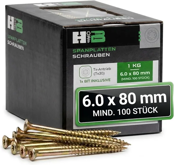 TX30 Chipboard Screws 6.0 x 80 mm 1 kg Approx. 100 Pieces Countersunk Head Milling Ribs Partial Thread Yellow Galvanised Includes 1x Bit Wood Screws