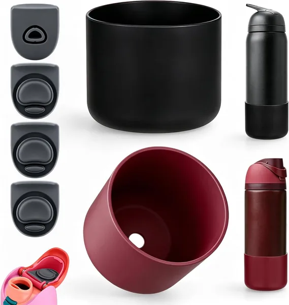 6 Piezas Funda y Tapón de Silicona Reemplazo para Owala Freesip Black Cherry, Protector Termo 24 oz y 32 oz, Antideslizante y Resistente al Desgaste (Negro + Black Cherry)