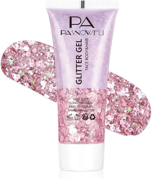 PASNOWFU Pink Body Glitter Gel, Paillettes Chevelues Holographiques pour Festival, Accessoires Rave pour Femmes, Perles de Sirène