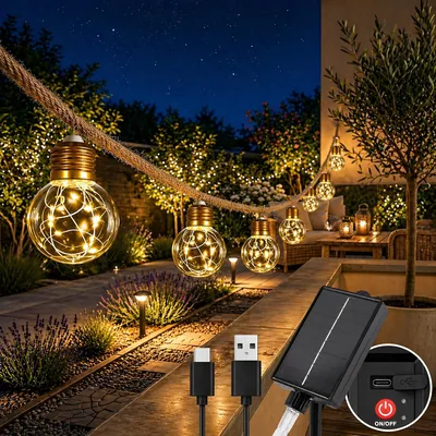 Éclairage solaire à cordes Cnulenzt, 20 ampoules, 10 m, 8 modes avec corde de chanvre, réglable et mémoire, batterie pour jardin - Meilleur Prix