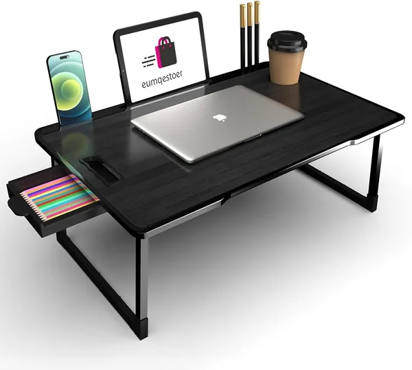 eumqestoer Stylish Multi-Purpose Portable Laptop Table, Foldable Wooden Desk for Bed Tray, Laptop Table, Study Table with Mug Holder