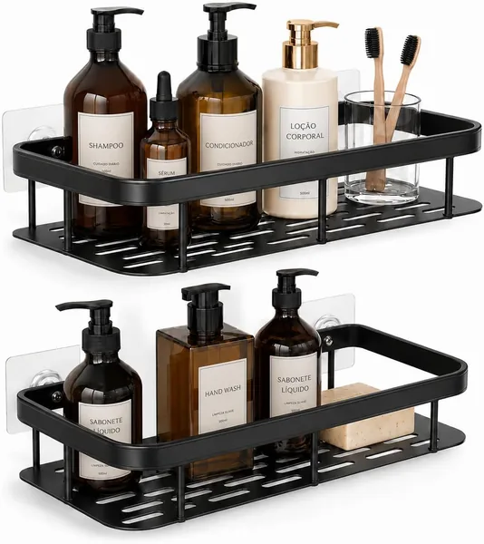 Kit 2 Suportes Porta Shampoo e Sabonete Preto Laruno - Organizador de Metal para Banheiro e Box, Instalação sem Furo com Adesivo Extra Forte, 30cm, Resistente à Ferrugem Best Deal