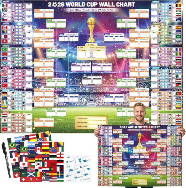 SEDEX 2026 World Cup Schedule Poster 45"x32" Large Canvas Wall Chart with Pen & Flag Stickers Interactive Soccer Tournament Tracker for Fans Game Room Home Office Bar Party Decor