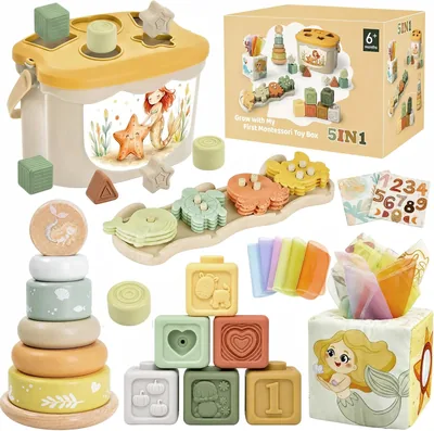 Juegos Montessori Anook para Bebés de 6 a 12 Meses, 5 en 1, Cubos Apilables y Caja de Pañuelos Sensorial
