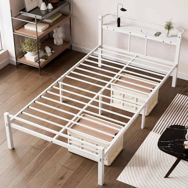 Rakuisme Bed Frame Single Bed with 2 Outlets USB Type-C Pipe Bed Load Capacity 661.4 lbs
