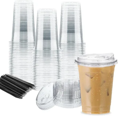 100 Plastic Cups with Lids - 16oz Transparent Coffee Cups - Leak Proof