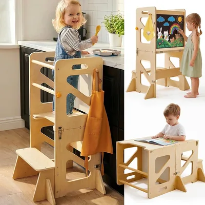 Montessori Learning Standing Tower, Toddler Kitchen Stool 4 in 1 Foldable