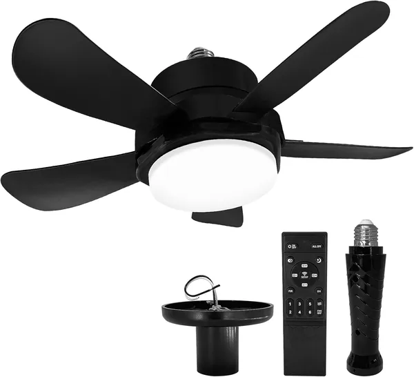 Ventilador de Techo YAZIONG con Luz LED, 40 cm, Base E27, 6 Asas, Motor DC 6 Velocidades Ajustable, 6000K (Negro)