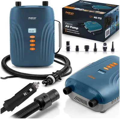 Neo-Sport Pompka Elektryczna do SUP i Materaca Turystycznego 12 V - 20 PSI Dwumotorowa z 6 Końcówkami - Szybkie Pompowanie i Wypust
