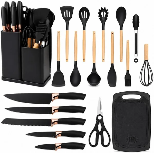 Kit de Utensílios de Cozinha em Silicone, 19 Peças, Antiaderente, Resistente ao Calor, Cabo de Madeira, Livre de BPA