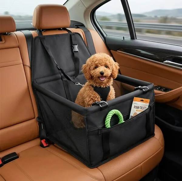 Asiento para perros cómodo y estable para viajar sin preocupaciones, transportador para mascotas con base rígida antideslizante y impermeable, incluye arnés