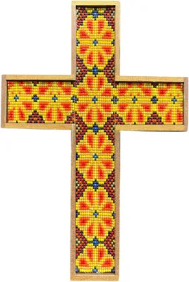 Cruz artesanal mexicana de chaquira. Hecha a mano 22x15.5 cm para decoración de pared. Mejor Oferta