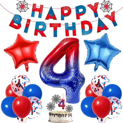 Spinnen Verjaardagsversiering 4 Jaar Sets, Spinnen Motief Ballonnen Set met Folie Ballon Nummer 4 en Ster Latex & Glitters