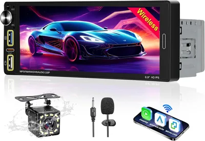 Radio de Coche Bluetooth 1 DIN Compatible con Apple CarPlay y Android Auto, Pantalla Táctil de 6.9'', FM/AM/Espejo Enlace