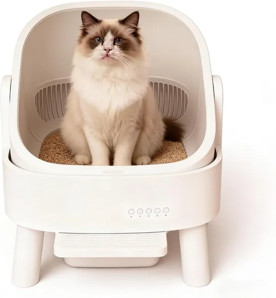 Automatic Self Cleaning Cat Litter Box Open Top Large Capacity APP Control Safety Sensors Odour Control for Multiple Cats Includes Liners and Mat White