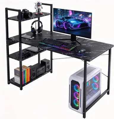 Escritorio KACOTA Minimalista para Oficina con Repisa y Mesa para Computadora - Mármol Negro