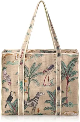AUZURE Floral Hand Block Print Tote Bag, Large Quilted Shoulder Bag with Zipper for Travel, Best Deal