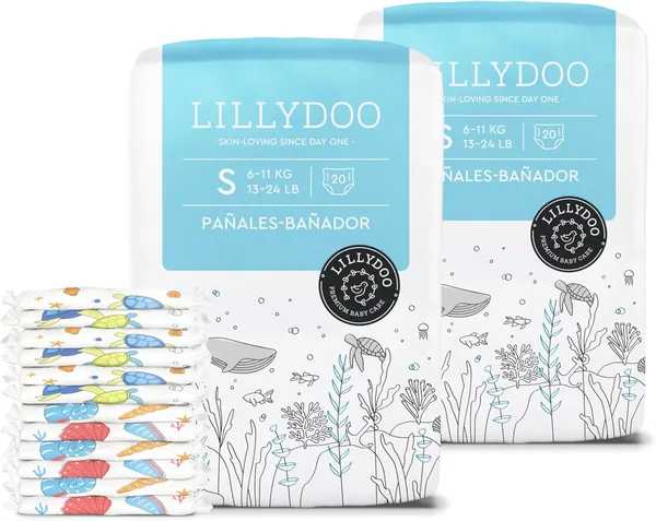 Pañales-bañador LILLYDOO desechables, respetuosos con la piel, para bebés talla S (+6 kg), 2 paquetes (40 unidades) con dos