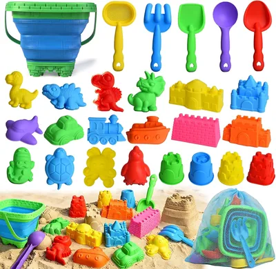 Kids Beach Sand Toys Set - 27PCS Collapsible Bucket & Tools, Mesh Bag