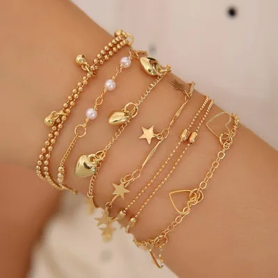 Juego de pulseras apilables de oro de 14 quilates con cadena ajustable en forma de estrella de corazón delicado