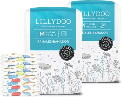 Lillydoo Desecheables Pañales para Nadar Piel Amigable para Bebés M (+9 kg), 2 Pack (36 Unidades) con Shell Yeah y Tiny Turtles