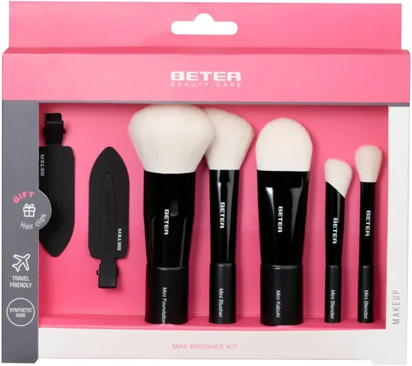 Beter - Set de 5 Pinceles de Maquillaje para Viaje, Cerdas Sintéticas Suaves, Kit Mini con Kabuki, Rubor, Fundamento y Corrector